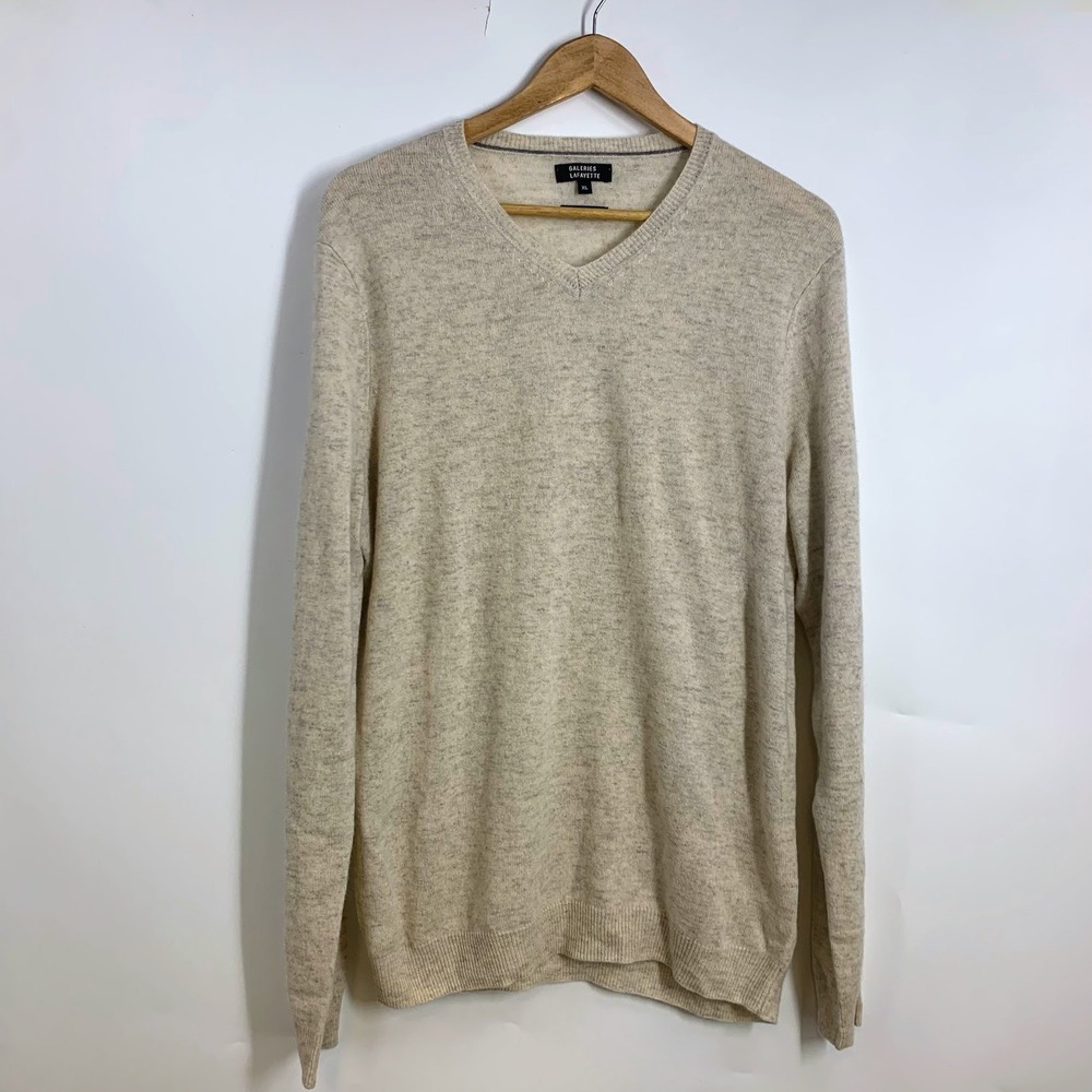 Galeries‎ Lafayette Womens V-Neck Sweater XL Oatmeal Heather Beige Knit Pullover